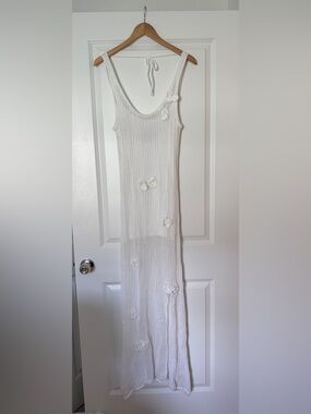 White Crochet Maxi Dress with Floral Appliqué